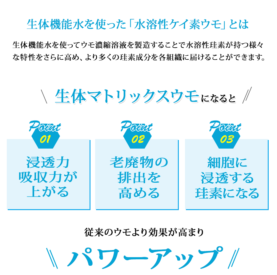 生体機能水を使ってウモ濃縮溶液を製造することで水溶性珪素が持つ様々な特性をさらに高め、より多くの珪素成分を各組織に届けることができます。